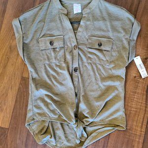 Green collar tie up button top vacation fe…